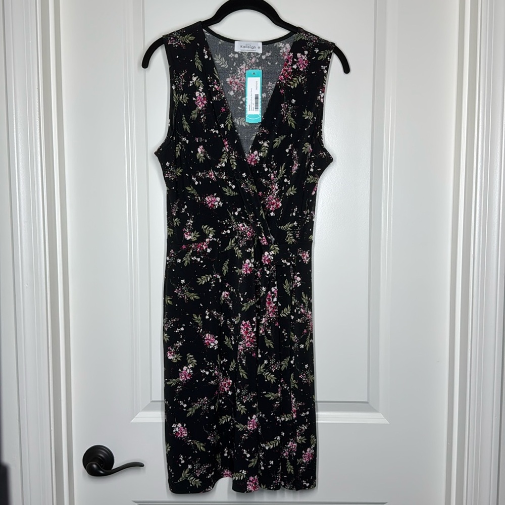 Kaileigh Seanna Faux Wrap Knit Black Floral Dress